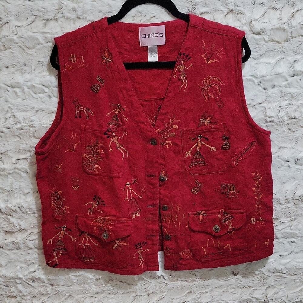 Chico's Embroidered Red vest, Womens Sz 3 (XL), tribal Design, Boho, Art To Wear